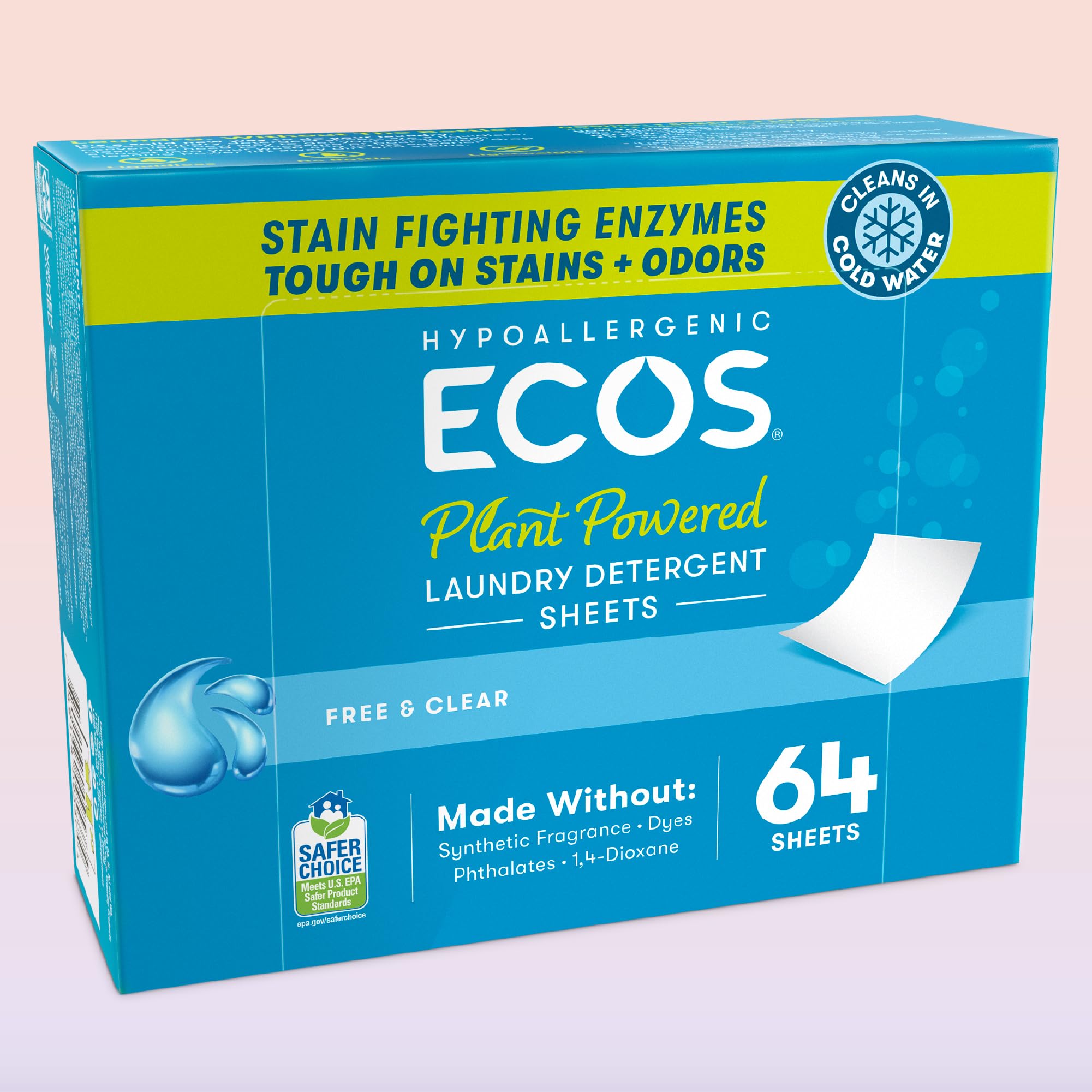 ECOS Laundry Detergent Sheets Vegan, No Plastic Jug, No Mess & Liquid Free - Hypoallergenic, Plant Powered Laundry Detergent Sheet - Free and Clear - 64 Count (Pack of 1)