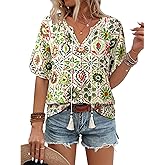 Vivilli Womens Summer Boho Tops Casual V Neck Short Sleeve Blouses Floral Print Shirt Tie Front Flowy Vacation Clothes