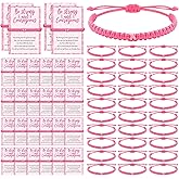 Huquary 30 Pcs Breast Cancer Awareness Bracelet Ribbon Bracelets Adjustable Cord Ribbon Braided Bracelets with Inspirational Card for Cancer Fighter Inspirational Breast Gifts for Women