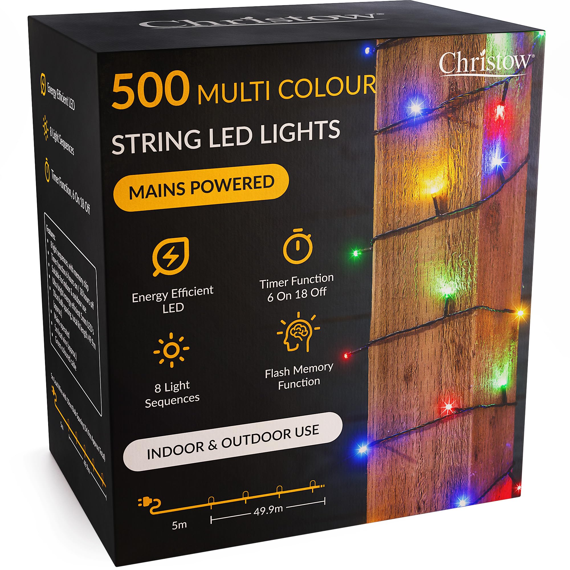 CHRISTOW Christmas Fairy Lights, Multi-Coloured LED String Lighting with Timer, Indoor & Outdoor, Tree Lights, Mains Operated, 8 Light Modes Flashing & Static, Green Cable (500 LED / 50m Lit Length)