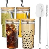 ALINK 4-Pack Glass Cups with Bamboo Lids and Straws, 22oz Mason Jar Glass Tumbler, Reusable Boba Cups, Iced Coffee Drinking Glasses for Bubble Tea, Smoothies, Juice - 2 Cleaning Brush