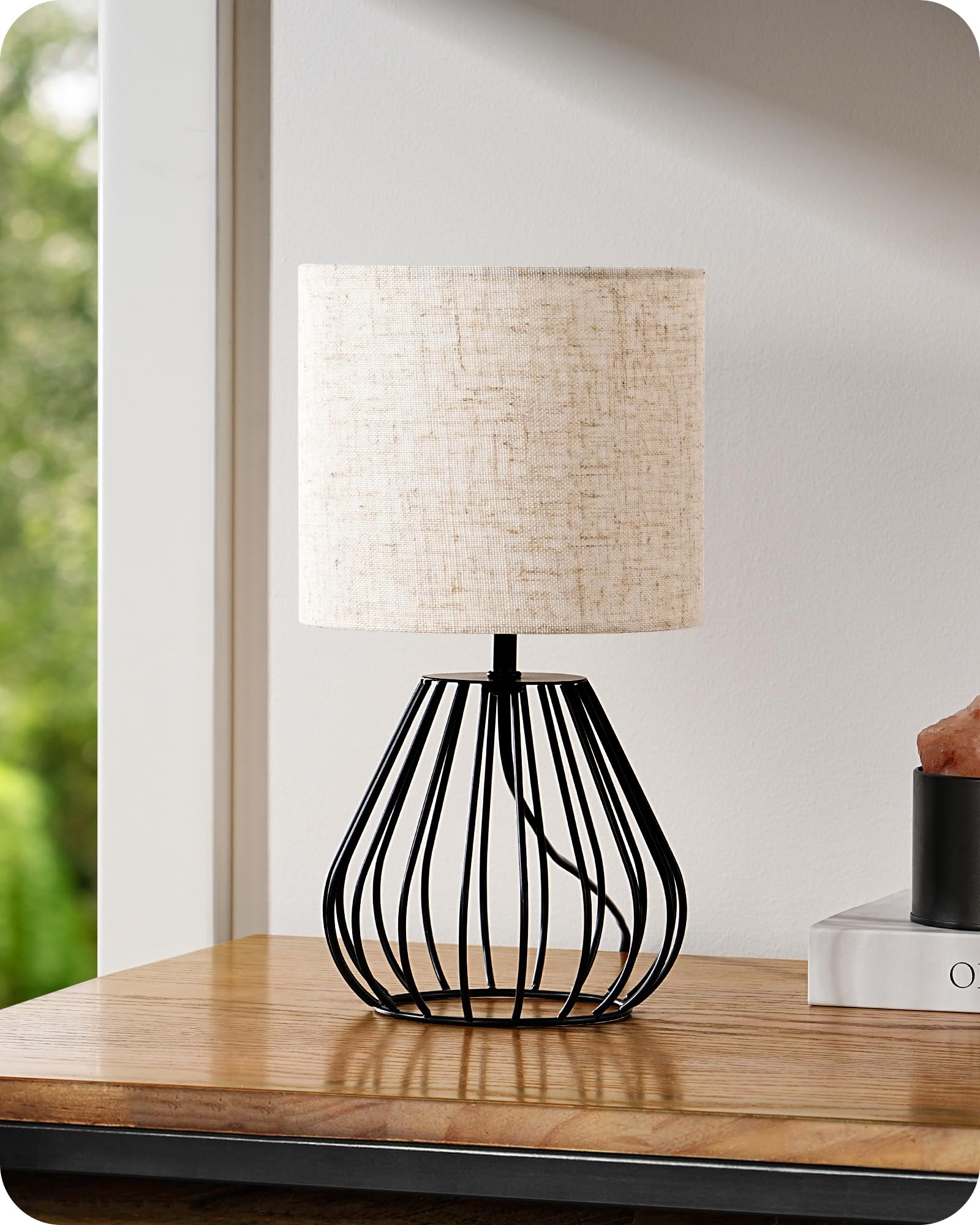 EDISHINE Bedside Lamp, Table Lamp with Metal Cage Base & Linen Lampshade, Modern Lamps for Living Room Bedroom, E14 Socket (Bulb Included), Teardrop Cage, Black — image 1