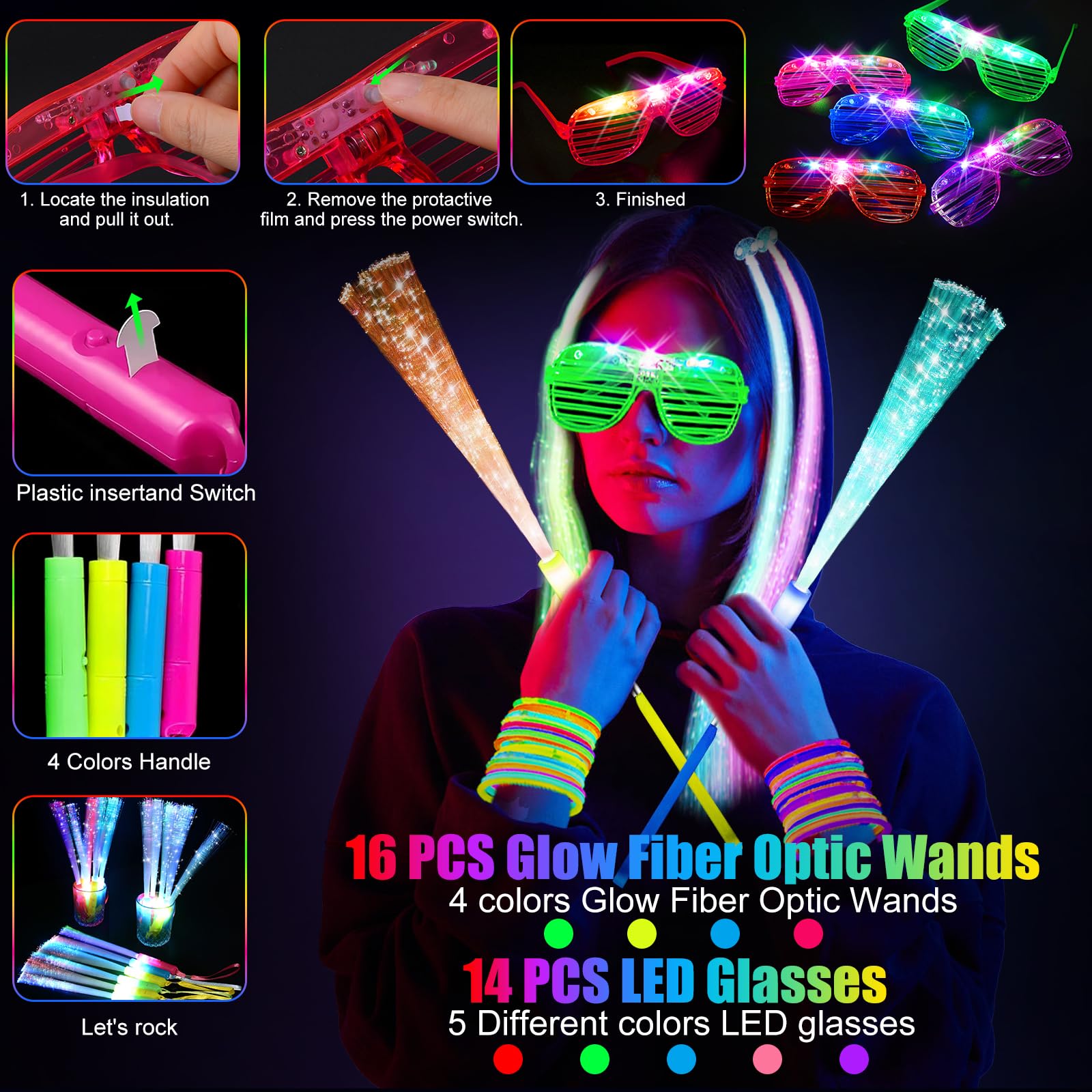 148 PCS Glow in the Dark Party Supplies, 16 Fiber Optic Wands, 14 LED Glasses, 100 Glow Sticks and 18 LED Hair Clips Fiber Optic for Neon Party, Wedding, Birthday, Concert, New Year
