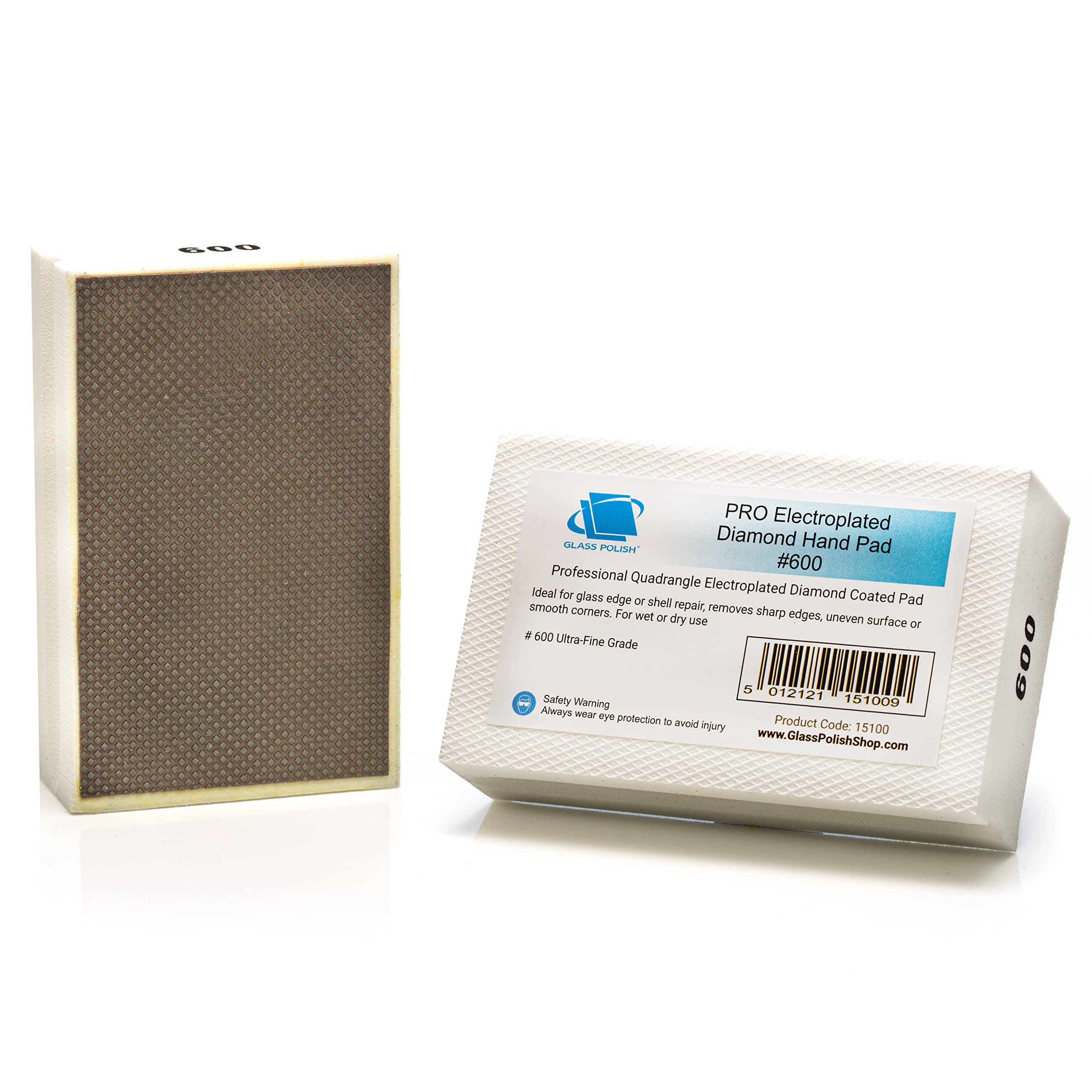 GLASS POLISH PRO Diamond Hand Polishing Pad, Grit 600 Ultra Fine Foam Sanding Block for Smoother Finish and Delicate Sanding of Glass, Tiles, Ceramics, Concrete, Granite, Marble, and More - GP15100