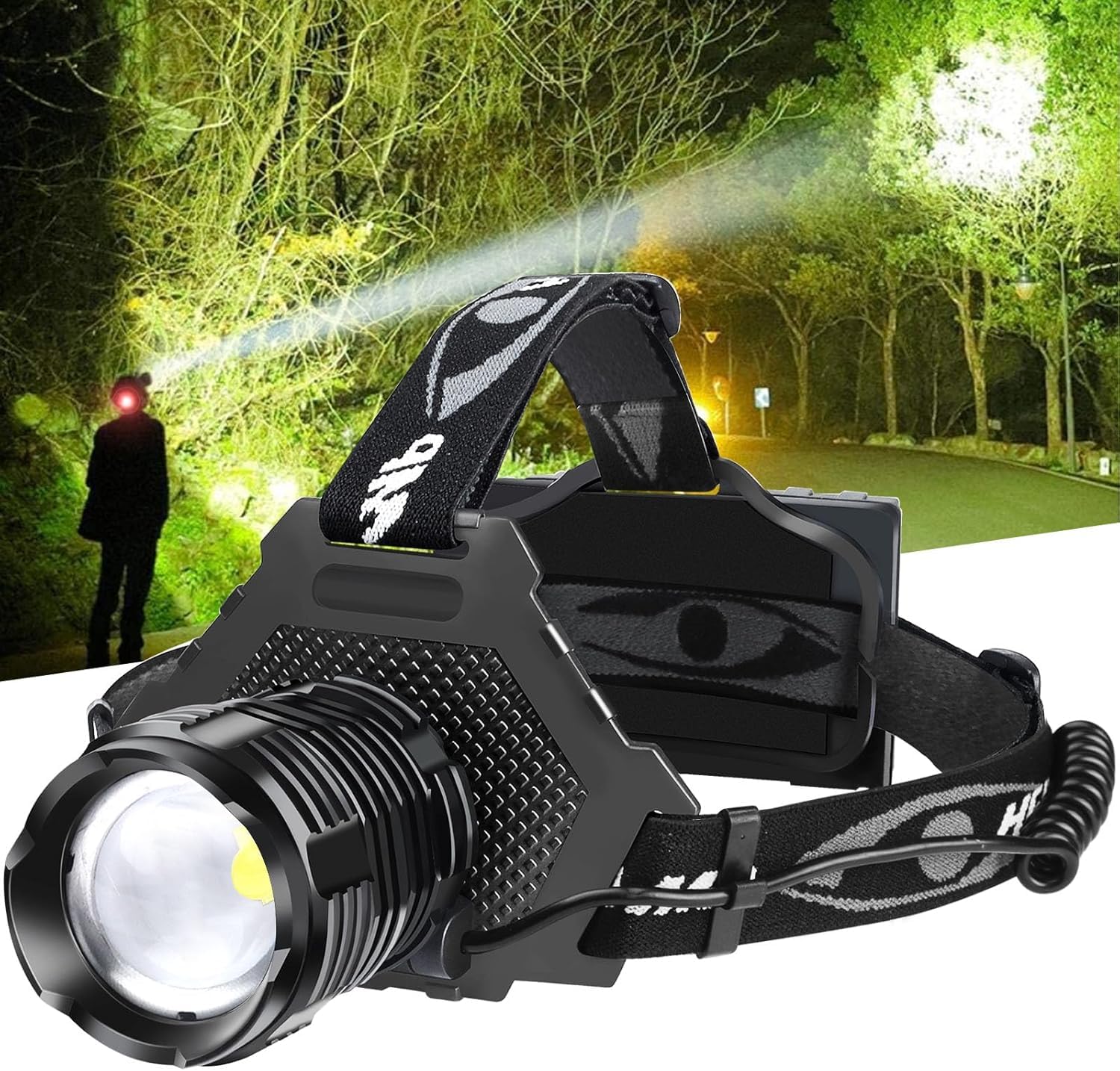 Bud K LED Head Torch Rechargeable, Upgraded 30W Super Bright Head Lamp100000 High Lumen with 6 Modes, Zoomable, IPX6 Waterproof Headtorch for Outdoor Hiking, Camping, Running, Fishing, Hunting