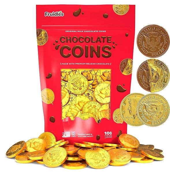 100 COINS, GOLD HALF DOLLAR COINS, MADE WITH PREMIUM BELGIAN INGREDIENTS, NUT-FREE, NON-GMO, KOSHER DAIRY
