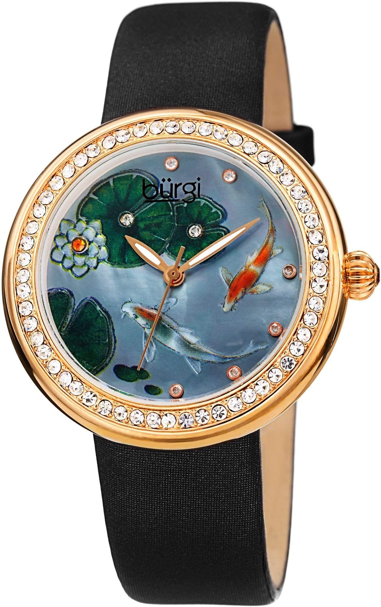 Burgi BUR188 Crystal Studded Women’s Watch – Hand Painted Koi Fish On Mother of Pearl Dial with Crystal Accented Bezel and Markers – Satin Covered Leather Strap