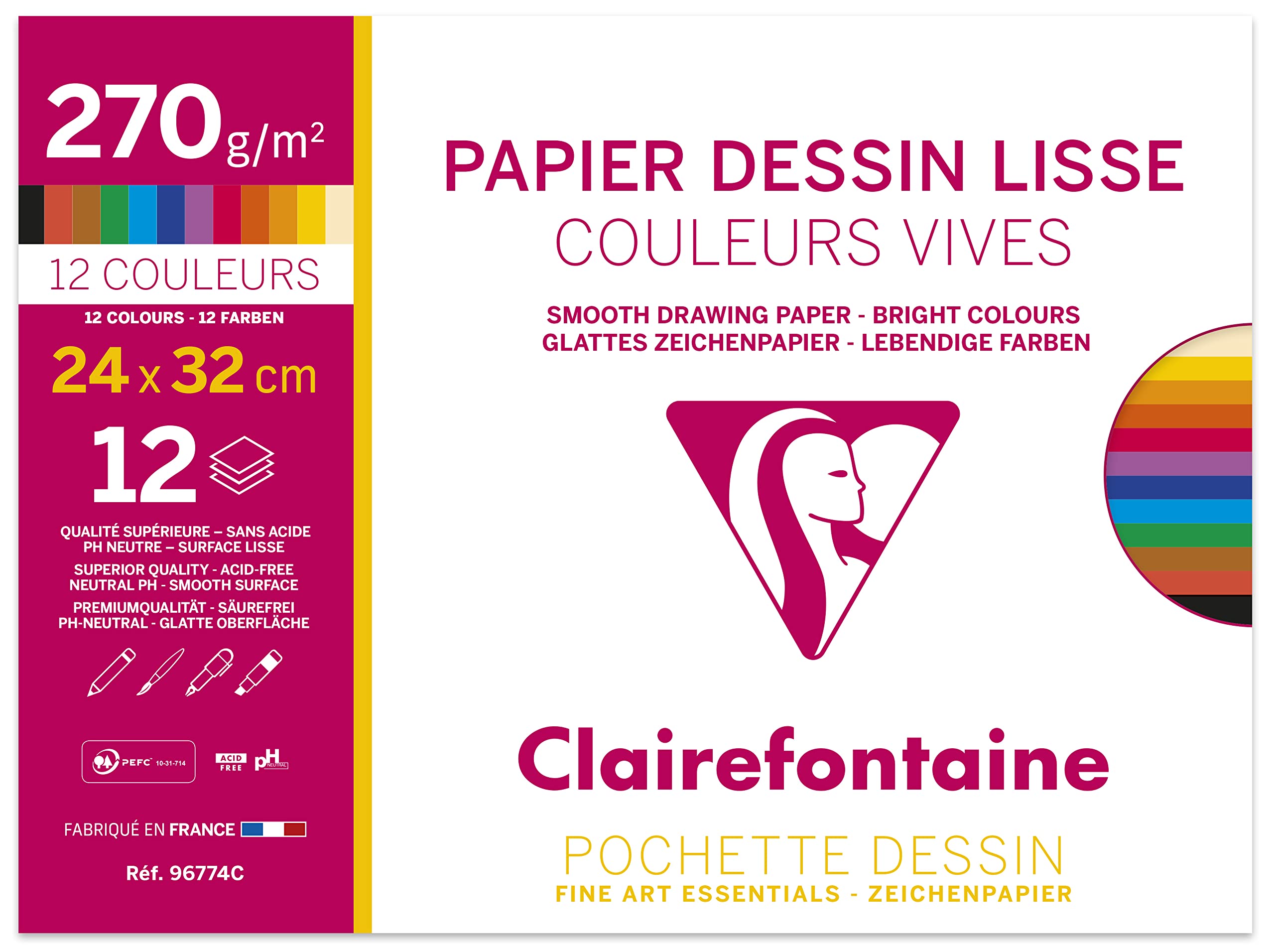 Clairefontaine - Ref 96774C - Grained Drawing Paper (Pack of 12 Sheets) - 24 x 32cm Size, 270gsm Paper, Acid Free - Light Grain Side & Heavy Grain Side - Assorted Colours