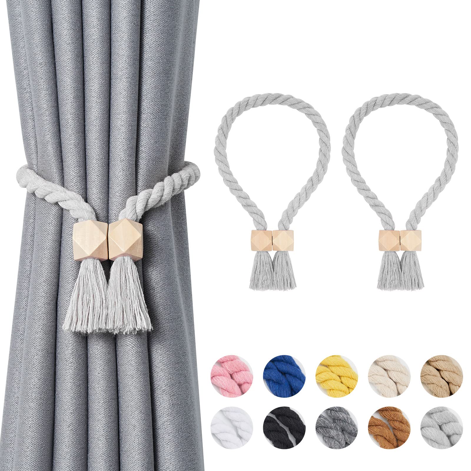 Pretty Jolly 2 Pack Wooden Polyhedron Magnetic Curtain Tiebacks Boho Home Decor Drape Tie Backs Natural Cotton Hand Woven Rope Curtain Holdbacks for Home & Office Window Draperies (Light Grey)
