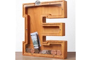 HODNSZRIT Wooden Letter Piggy Bank for Kids Boys Girls Large 26 Alphabet Money Bank Personalized Custom Name Transparent Saving Coin Bank, Perfect Christmas,Birthday Gift for kids Adults and Home Decoration (E)