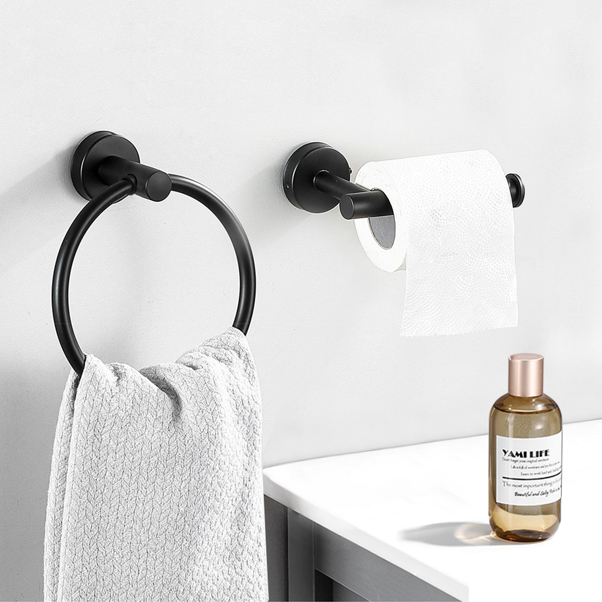 Toilet Roll Holder and Towel Ring, 2 Pcs Bathroom Accessories Including Wall Mounted Toilet Paper Holder and Stainless Steel Towel Holder Matte Black