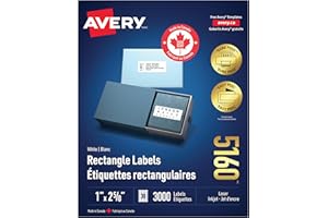 Avery 5160 White Rectangle Labels, 1'' x 2-5/8'' 30up 3000, FBA, Laser/Inkjet Printers Label, Permanent, (5160), Made in Cana