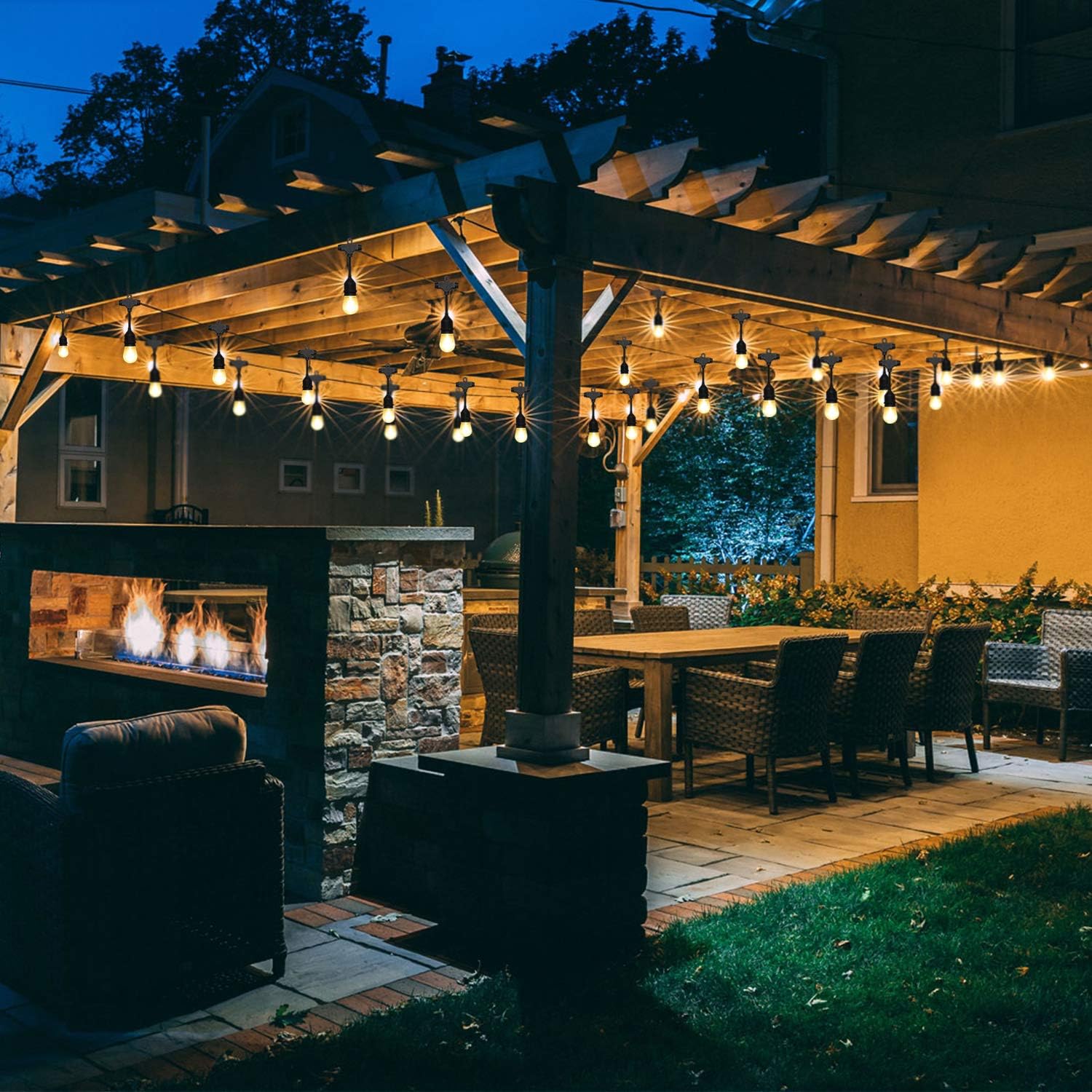 Honeywell 48 FT Outdoor String Lights, Commercial Grade Waterproof LED Patio Lights, 15 Plastic E26 Bulbs, Create Cafe Lighting Ambience in Your Backyard - - 