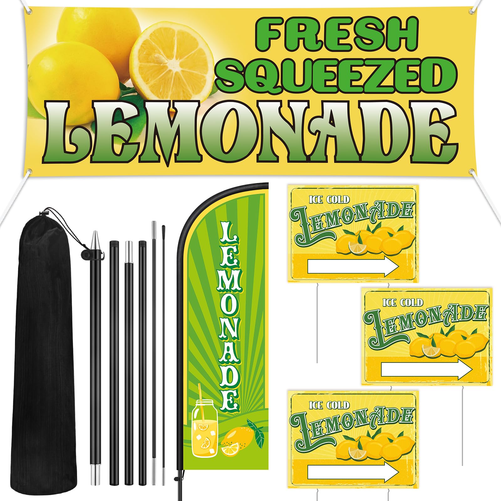 Photo 1 of Hahafelt 5 Pcs Lemonade Stand Decor Fresh Squeezed Lemonade Yard Signs with Swooper Feather Flag Kit and Yellow Banner for Advertising Business Store Supplies Home Lawn Outdoor Decorations