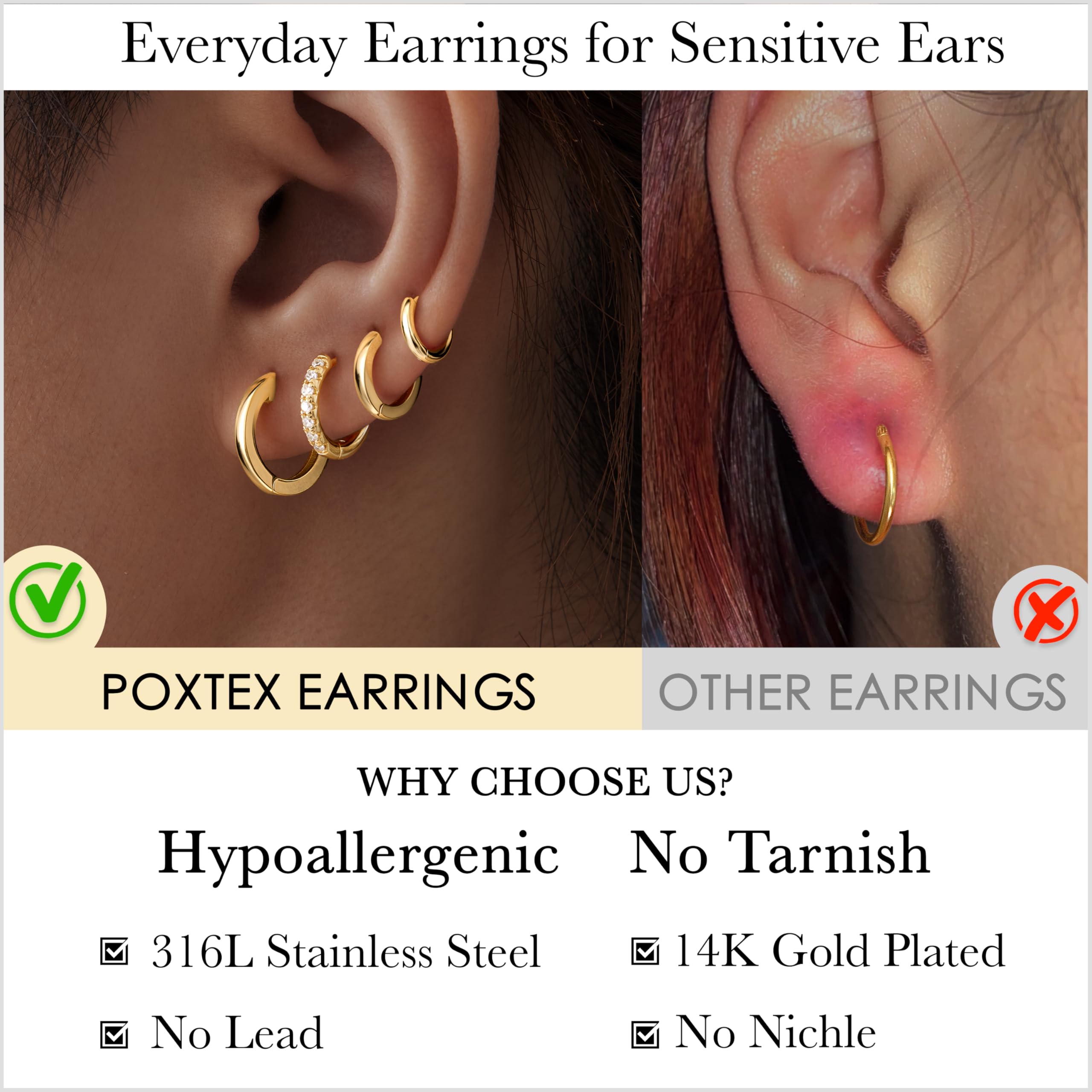 Poxtex Small Gold Huggie Hoop Earrings Set for Women Men Hypoallergenic 14K Plated Stack Cartilage Earrings, Multiple Piercing Lightweight Mini Thin Cute Dainty Trendy Jewelry Set Christmas Gifts for Women