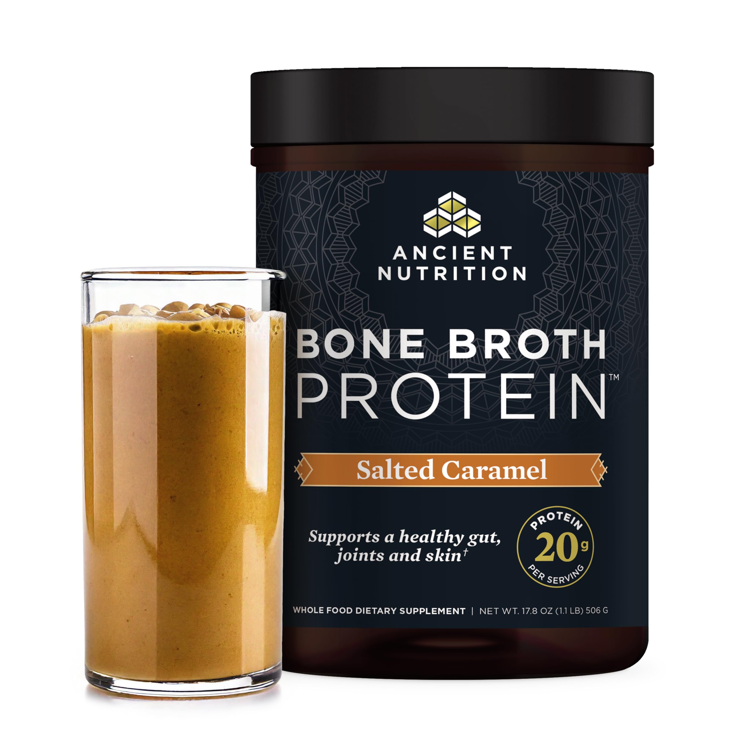 Ancient Nutrition Bone Broth Protein Powder, Salted Caramel, 19g Protein per Serving, Beef, Supports Healthy Skin, Gut Health, Joint Supplement, Gluten Free, Paleo and Keto Friendly, 20 Servings