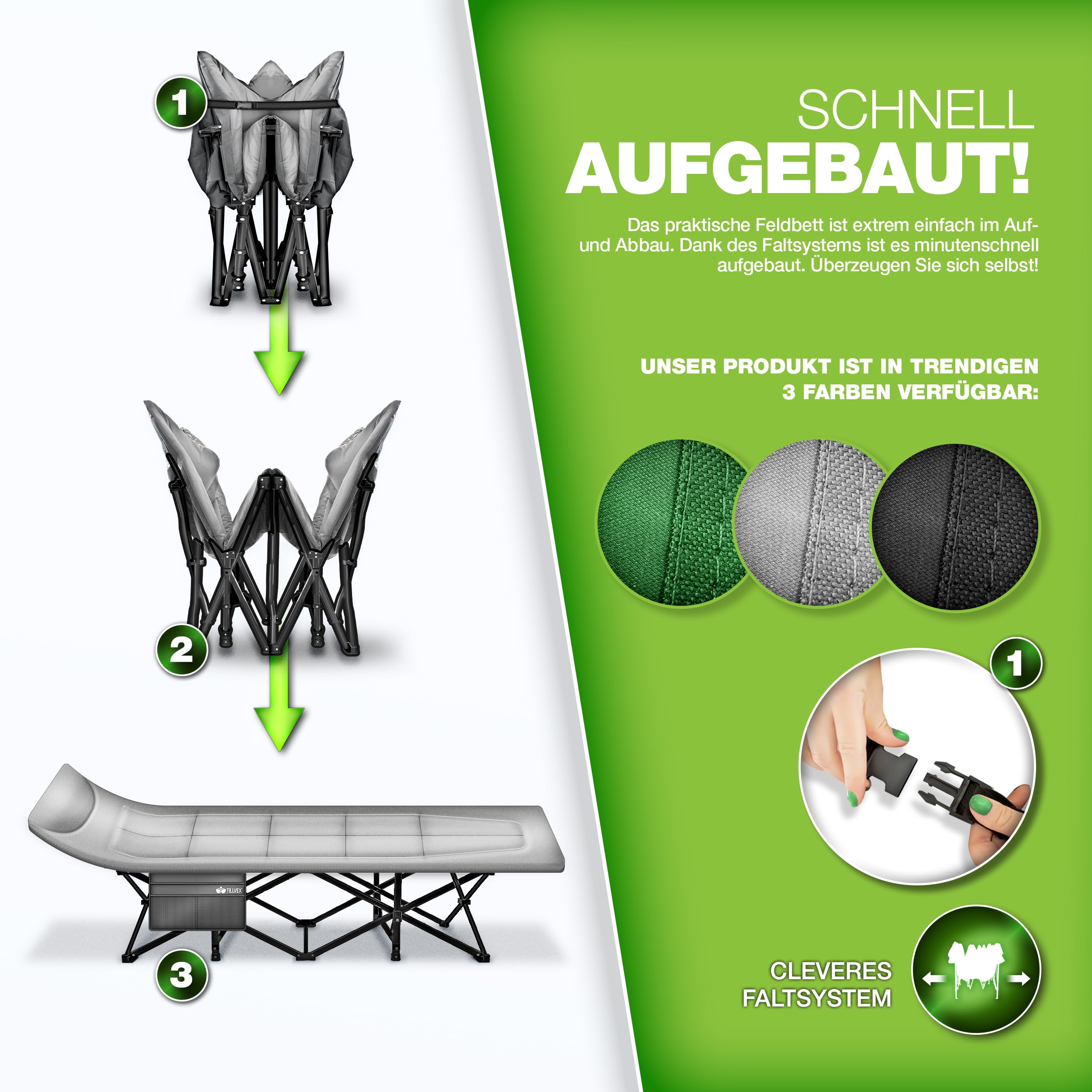 tillvex® Campingbett klappbar mit Tragetasche bis 200 kg | Campingliege extra breit | Feldbett Karpfenliege für Outdoor & Indoor | Klappbett Gästebett faltbar Garten Camping Angeln Festival Reise 8