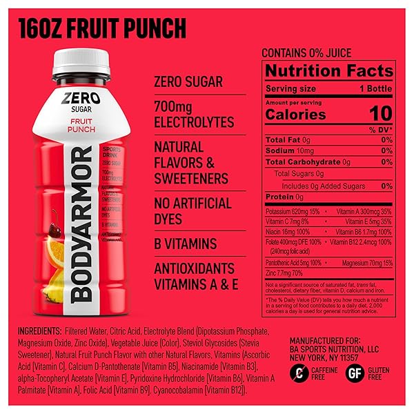 BODYARMOR ZERO SUGAR FRUIT PUNCH, SUGAR FREE SPORTS DRINK – LOW-CALORIE HYDRATION – NATURAL FLAVORS WITH POTASSIUM PACKED ELECTROLYTES, ANTIOXIDANTS, AND B-VITAMINS, 16 FL OZ (PACK OF 12)