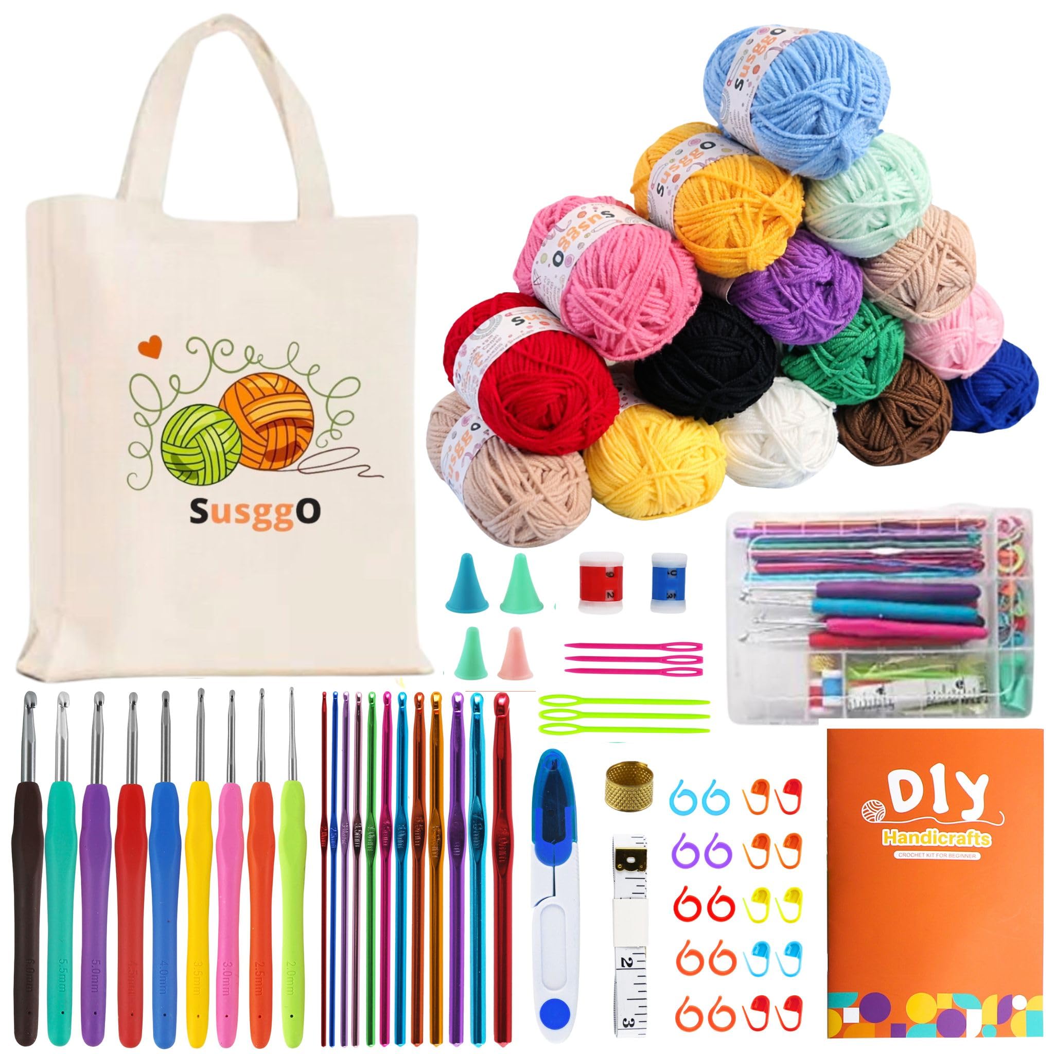 SusggO 73 Piece Complete Crochet Set with Accessories for Beginners Amigurumi Crochet - Kit with Crochet Needles, 15 Balls 60% Cotton Wool 25g, Accessories Carrying Bag and Manual with Video Tutorial