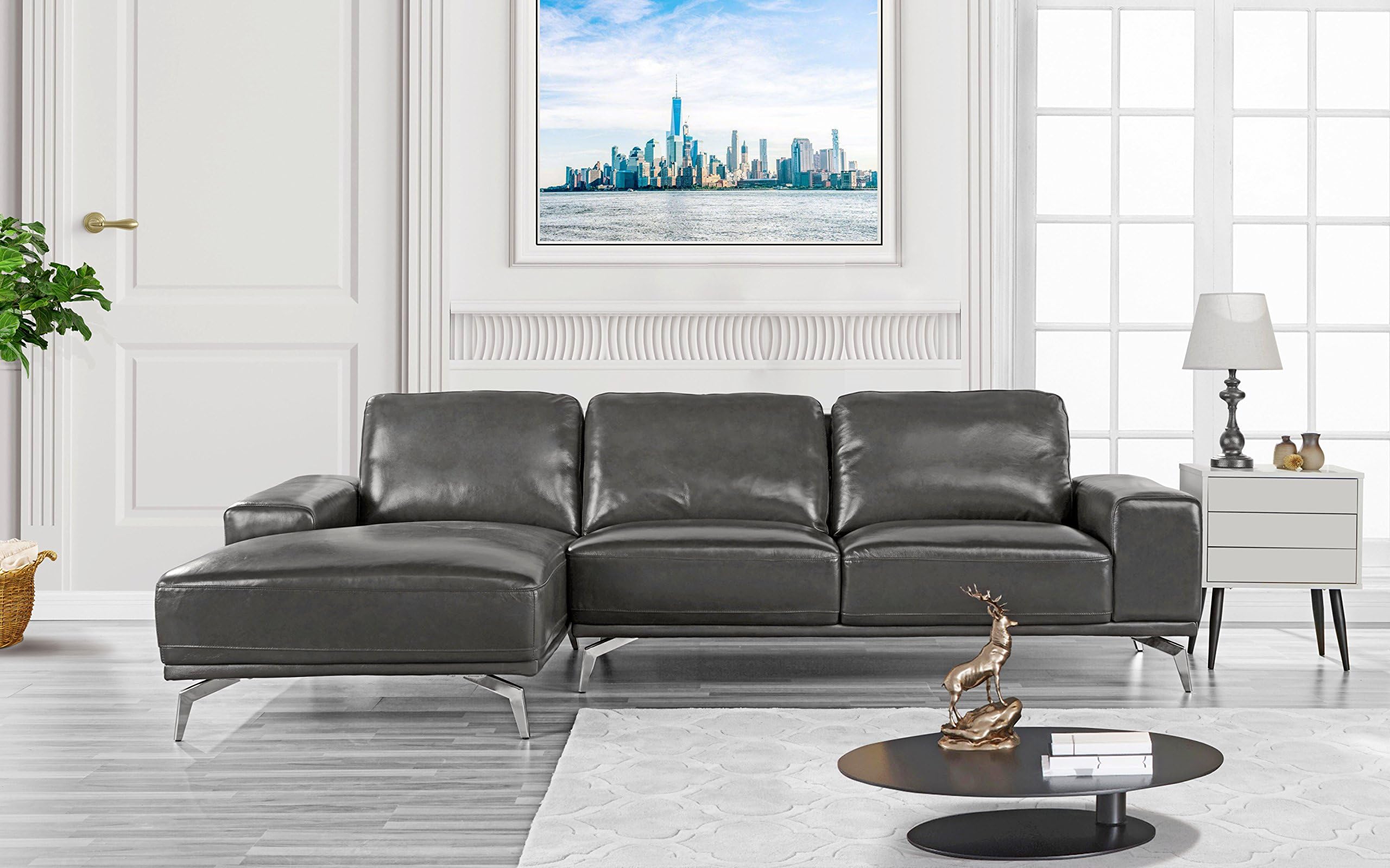 Divano Roma Furniture - Modern Real Leather Sectional Sofa, L-Shape Couch w/Chaise on Left (Dark Grey)