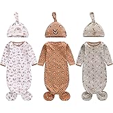 Newborn Knotted Nightgown Long Sleeve with Matching Hat Set 3 Pack, Unisex Baby Sleeper Gowns Coming Home Outfits Set with Mitten Cuffs for Boys Girls