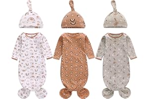 Newborn Knotted Gowns Long Sleeve with Matching Hat Set 3 Pack, Baby Sleeper Gowns with Mitten Cuffs for Boys Girls
