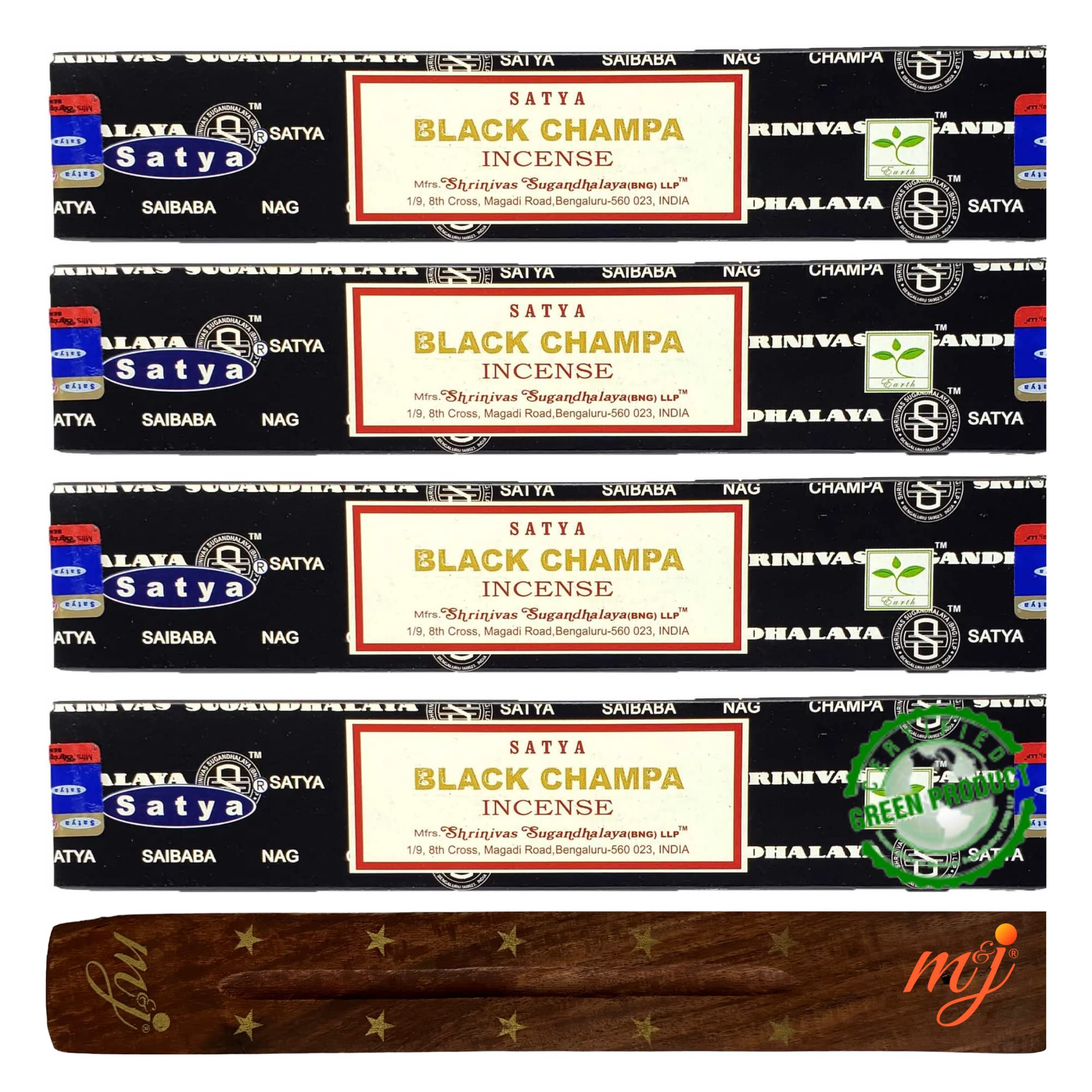 Original Satya Nag Champa Black Champa Incense Sticks | with M&J incense sticks holder | x4 pack | for Aromatherapy, Spa, Yoga, Weddings, Meditation, Healing, Positivity and Relaxation — image 1