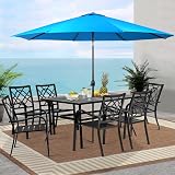 Crownland 7 Piece Outdoor Patio Metal Dining Sets, 6 Stackable Metal Chairs and Rectangular Outdoor Dining Table with with Sky Blue 9FT Round Outdoor Umbrella, for Backyard, Garden (Classic Black)