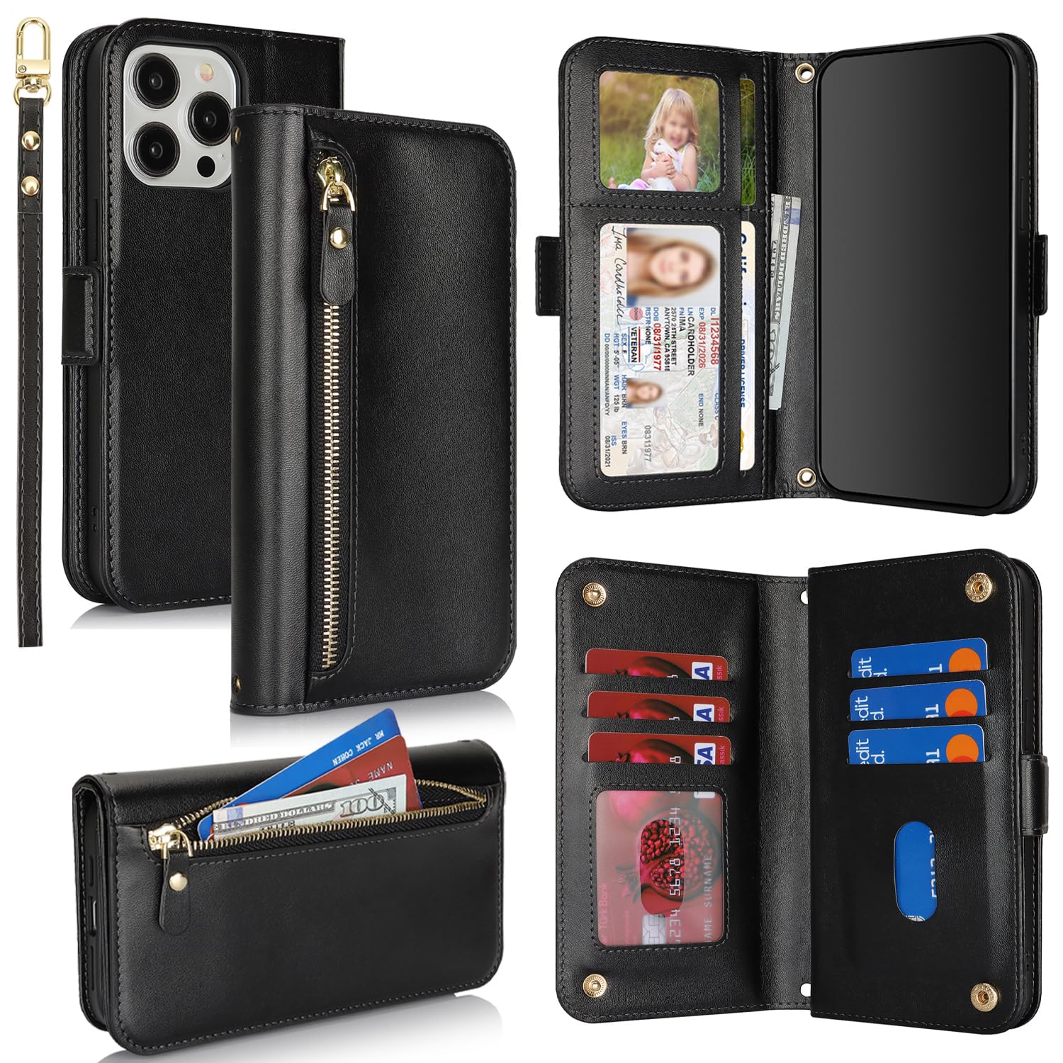 SailorTech for iPhone 13 Pro Max Phone Case Wallet with Card Holder for Women, iPhone 13 Pro Max Wallet Case with Credit Card Slots Flip Case Zipper Shockproof Case for Men - Black