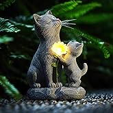 QZFFZQ Solar Cat Garden Statue Outdoor Decor - Mother & Kitten Figurines with Flower LED Light, Outside Yard Art Patio Balcony Lawn Ornament, Unique Gifts for Cat Lover