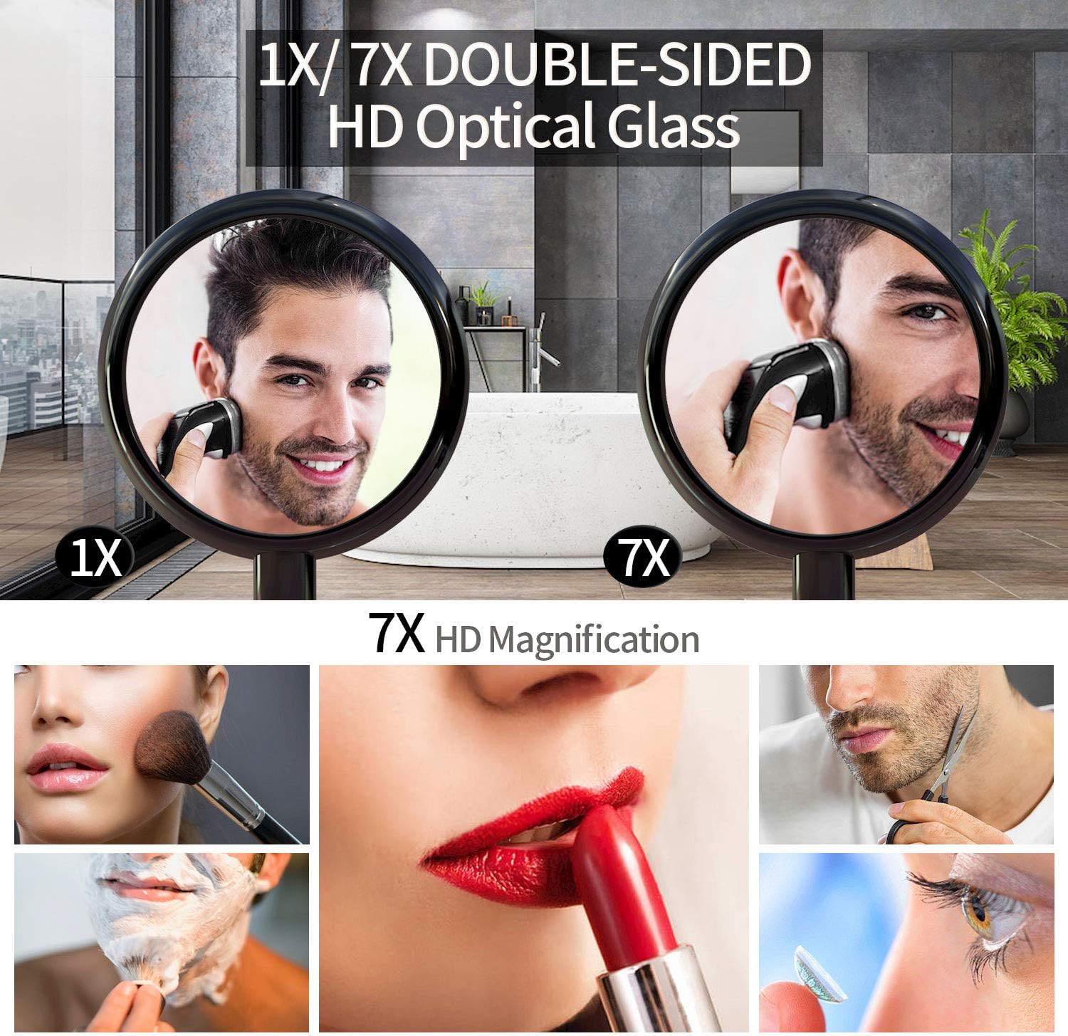 Beautifive Hand Mirror, Hand Held Mirrors with Adjustable Handle，1x/7x Magnifying Double Sided Handheld Makeup Mirror with Stand for Vanity Beauty Travel Table Desk Shaving Bathroom (Black): Furniture & Decor