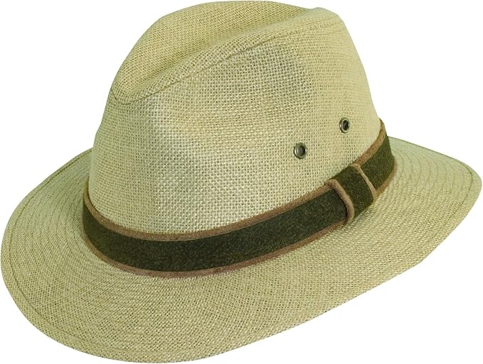 DORFMAN PACIFIC HEMP SAFARI WITH LEATHER TRIM HAT (L) at Amazon Men’s