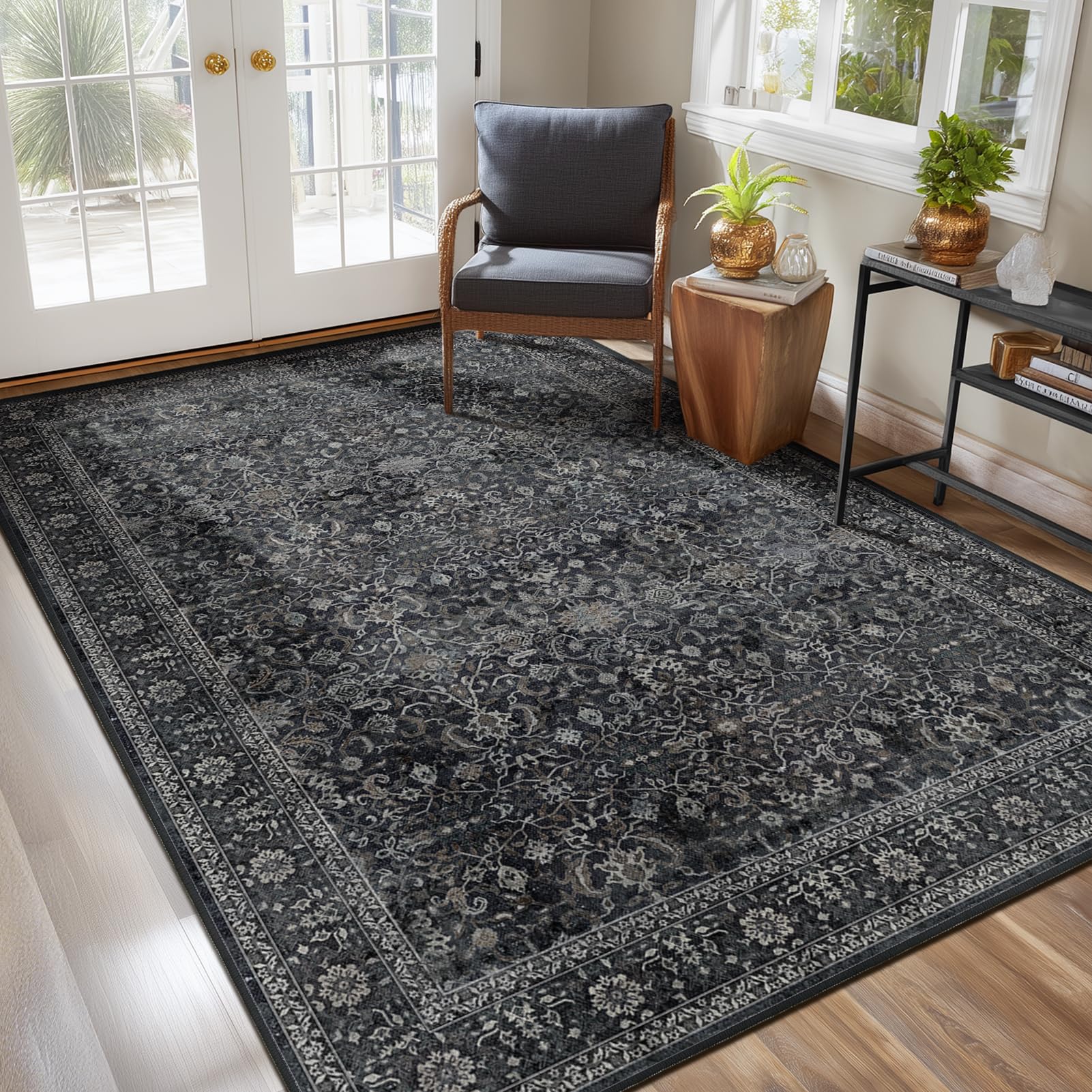 Jainmy Dark 5x7 Area Rugs for Living Room Bedroom, Washable Non Slip Low Pile Thin Soft Carpet Rugs for Dining Room/Kitchen/Home Office/Nursery, Vintage Farmhouse Earth Tone Midnight with Gray Accents