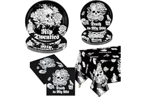 Death To My 20s Decorations - Black 30th Birthday Decorations Including Rip to my 20s Plates, Napkins, Skull Tablecloth for H
