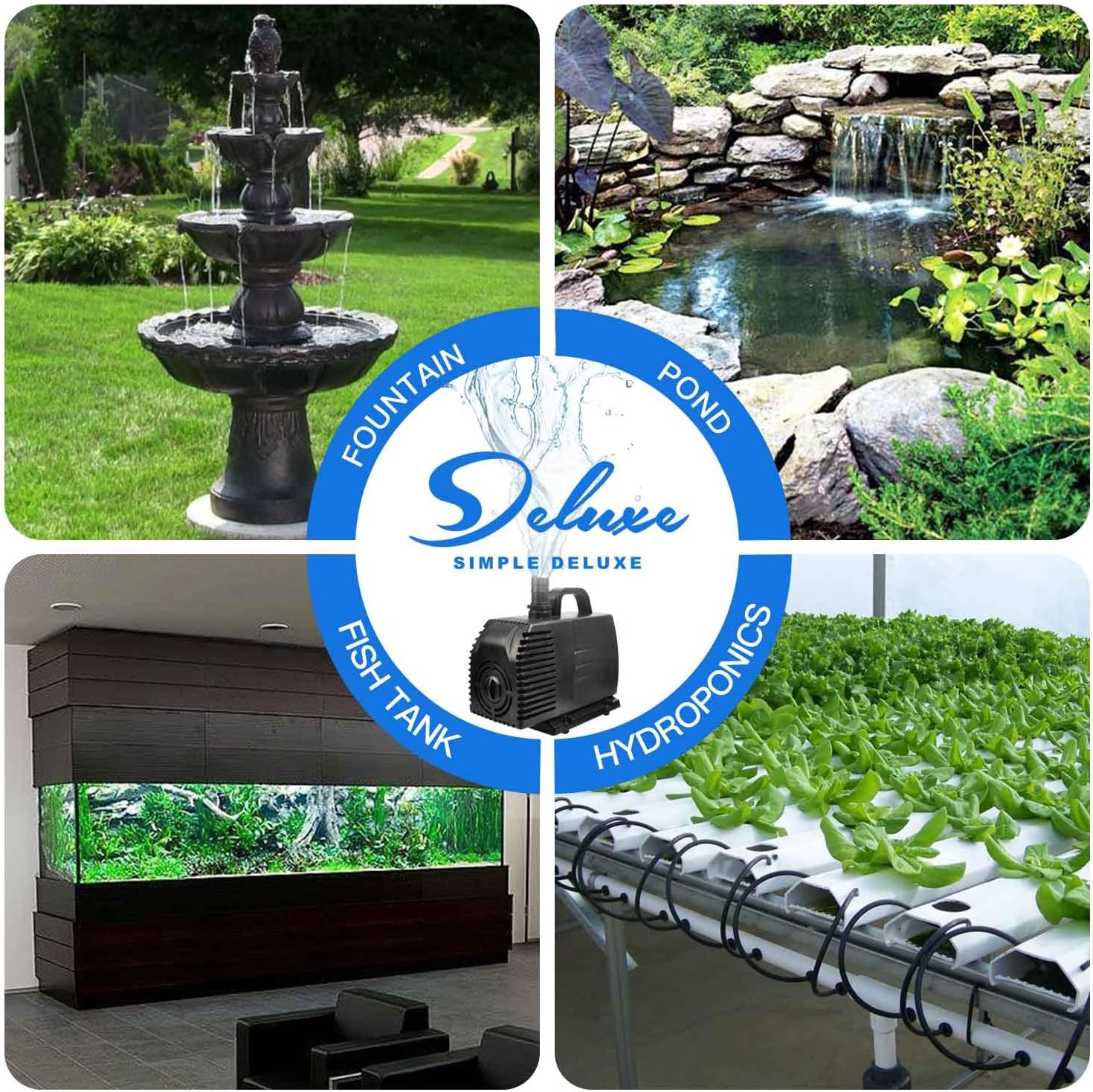 Simple Deluxe 1056 GPH Submersible Pump with 15' Cord, Water Pump for Fish Tank, Hydroponics, Aquaponics, Fountains, Ponds, Statuary, Aquariums & Inline : Home Improvement
