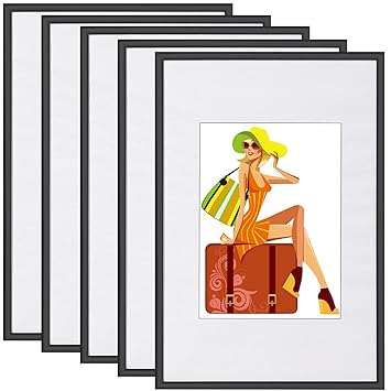WOLTU BR9864sz-5 Bilderrahmen 5er Set mit Passepartout Kunststoff Rahmen, Glasvorderseite, Schwarz, 30x40 cm