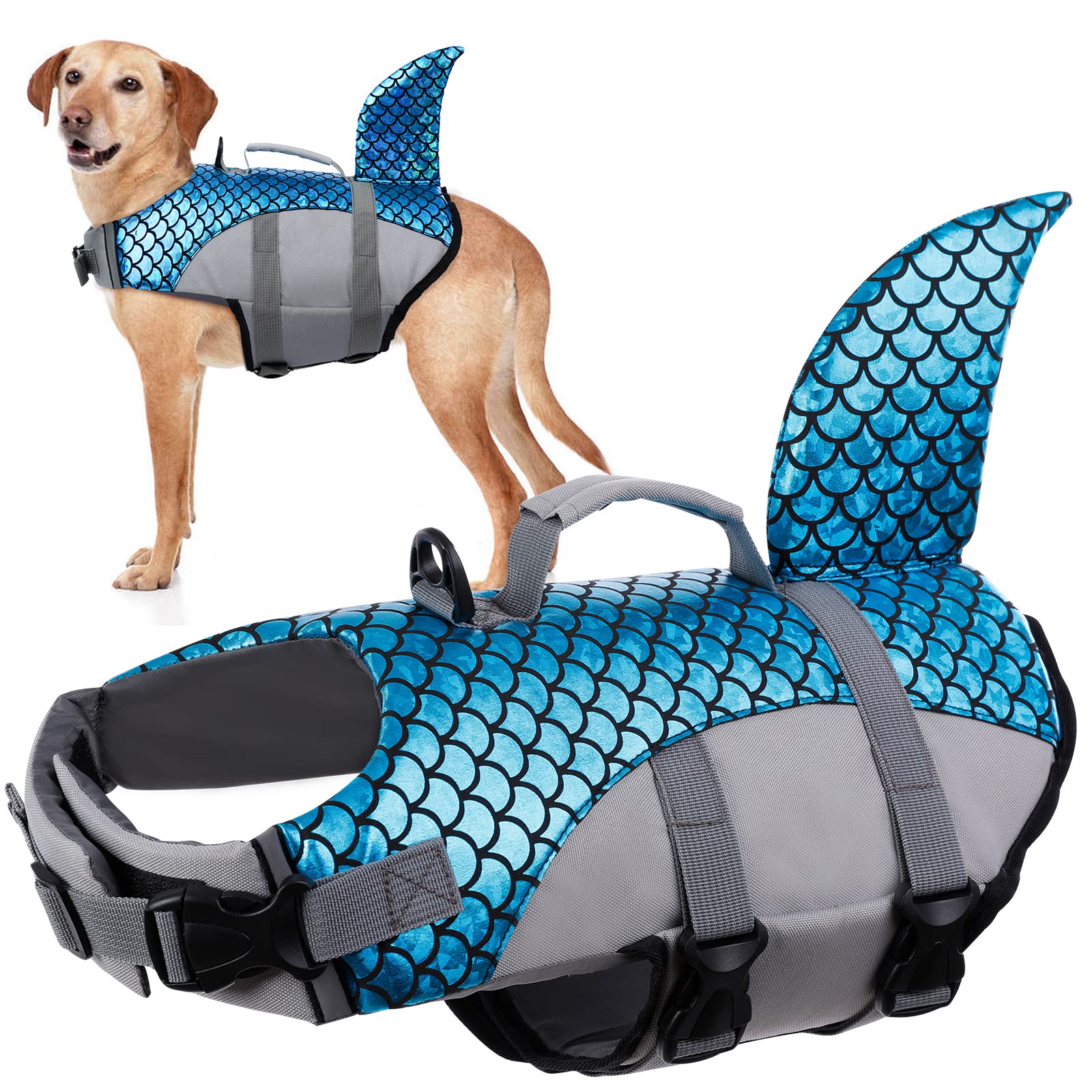 Dog Life Jacket, Lifesaver Floating Vest Shark Shape Dog Summer Swimming Safety Vest with Adjustable Strap and Rescue Handle for Swimming Pool Beach Boating(Blue, XL)