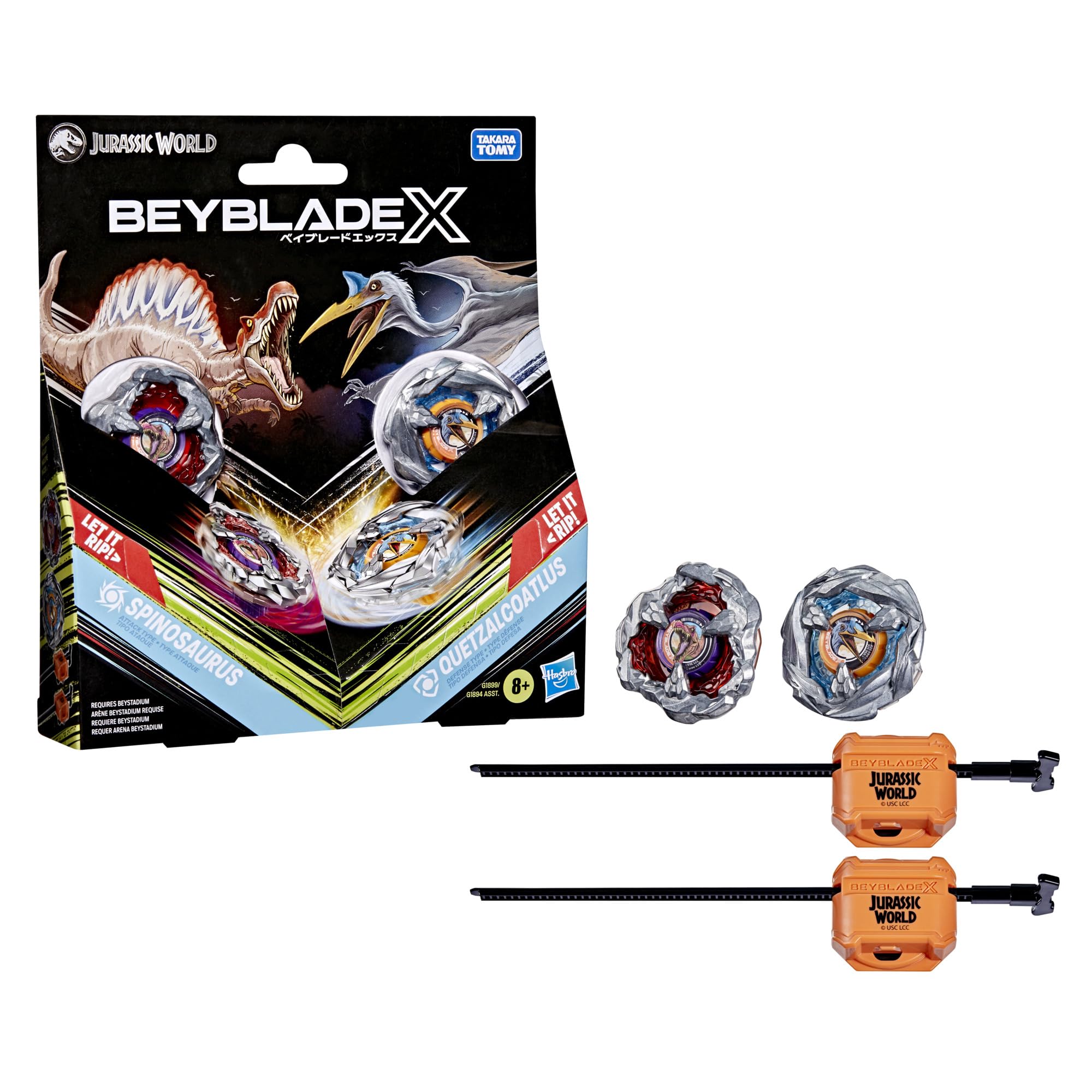 Beyblade X Jurassic World Collab Spinosaurus vs. Quetzalcoatlus Multipack Set, 2 Takara Tomy Tops, 2 launchers, Battling Tops Game, Dinosaur Toys, Ages 8+