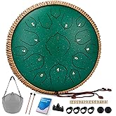 Steel Tongue Drum -15 Notes steel Drum - 14 Inch Tongue Drums Instrument, Hand Pan Drums with Music Book, Handpan Drum Mallets and Carry Bag, D Major Green