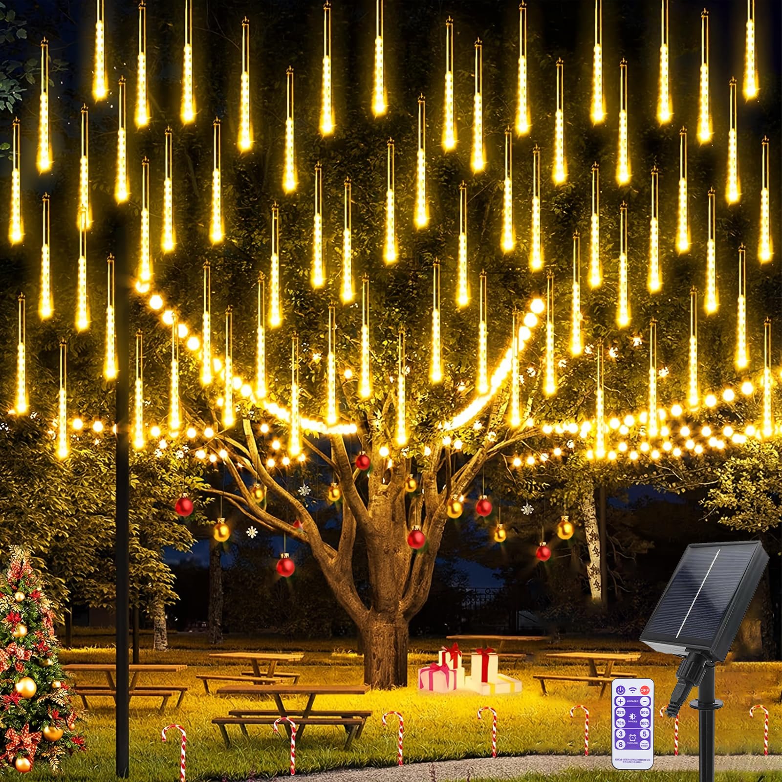 Micacorn Solar Meteor Shower Lights, 10 Tube 8 Modes 240 LED Christmas Lights with Remote Cascading Falling Rain Waterproof String for Party Wedding Tree Decorations