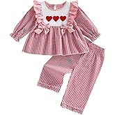 KtwHarnu Infant Toddler Baby Girl Valentines Day Outfit Heart Embroidery Plaid Smocked Long Sleeve Ruffle Shirt Top Pants Set
