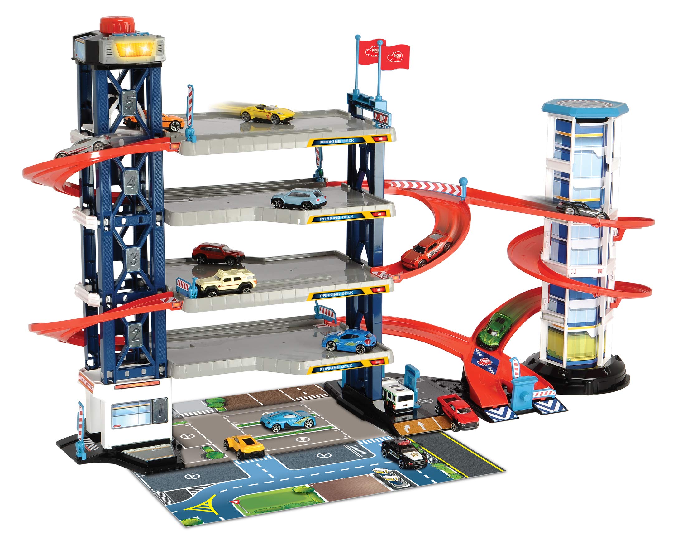 Dickie Toys Parking Garage, Playset, Parking Garage, 4 Floors, Elevator, 4 Die-Cast Vehicles, 1 Helicopter, Light & Sound, Includes Batteries