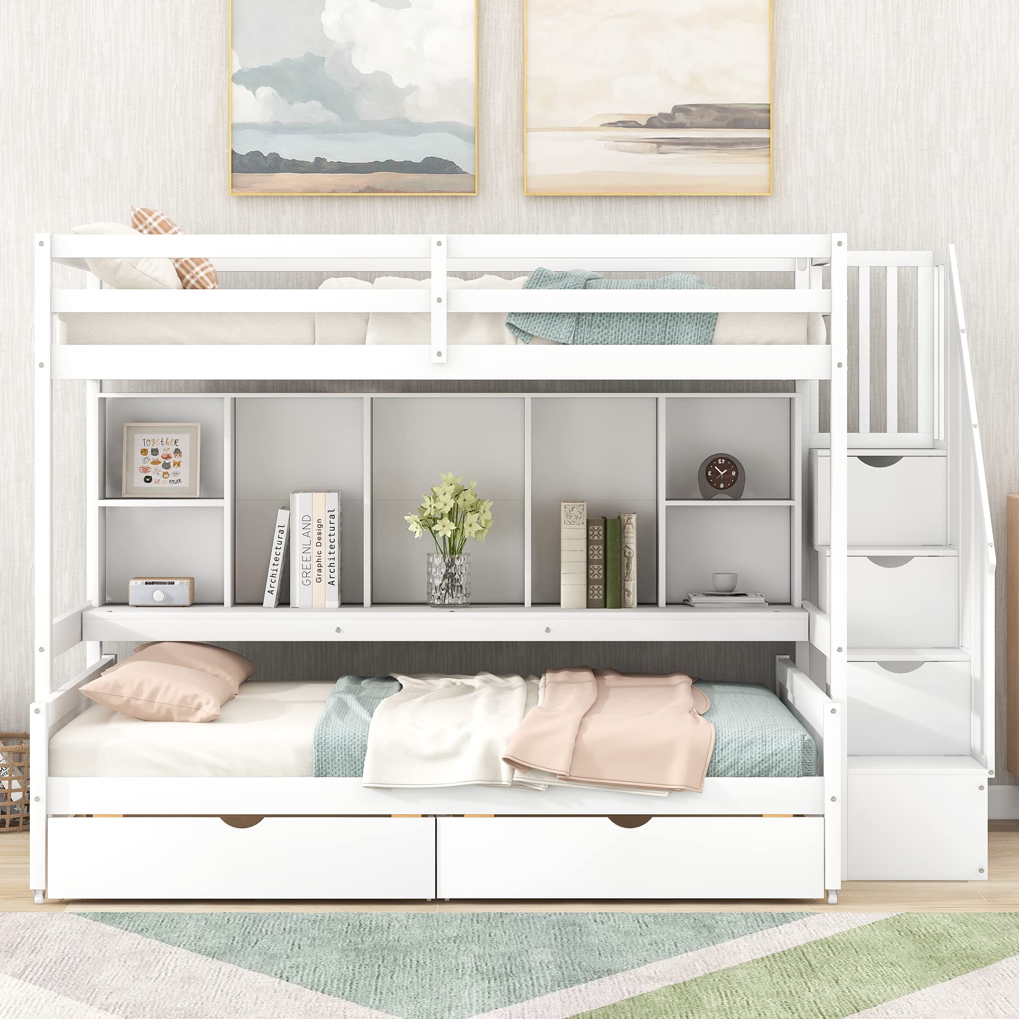 Mua BOVZA Twin XL Over Full Wood Bunk Bed with Storage Shelves and ...