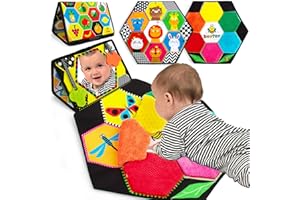 beetoy Tummy Time Baby Musical Mirror Toys with Black and White Pattern, Double High Contrast 3D Activity Play Crinkle Toys Foldable Baby Mirror Sensory Development Toys for Newborn 0 3 6 Months