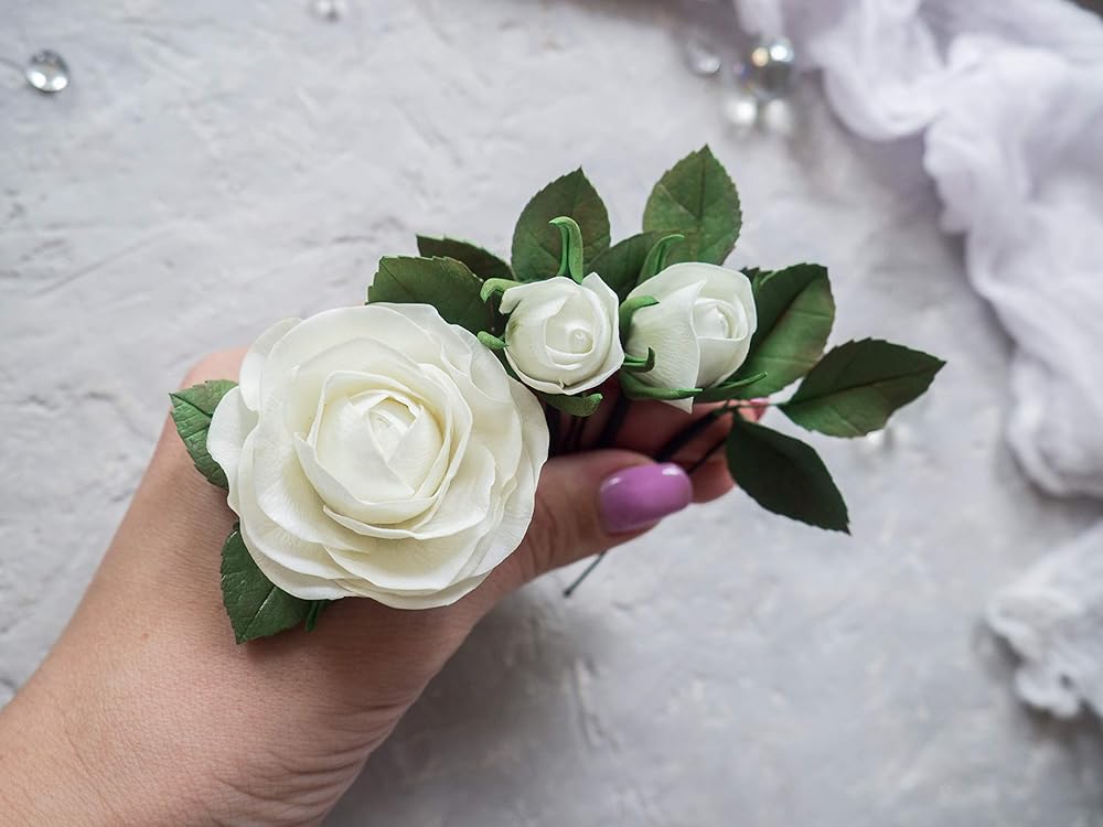 Amazon Com Greenery Floral Hair Pins Set With Small White Rose Head Piece For Bride Wedding Flower Accessories Handmade