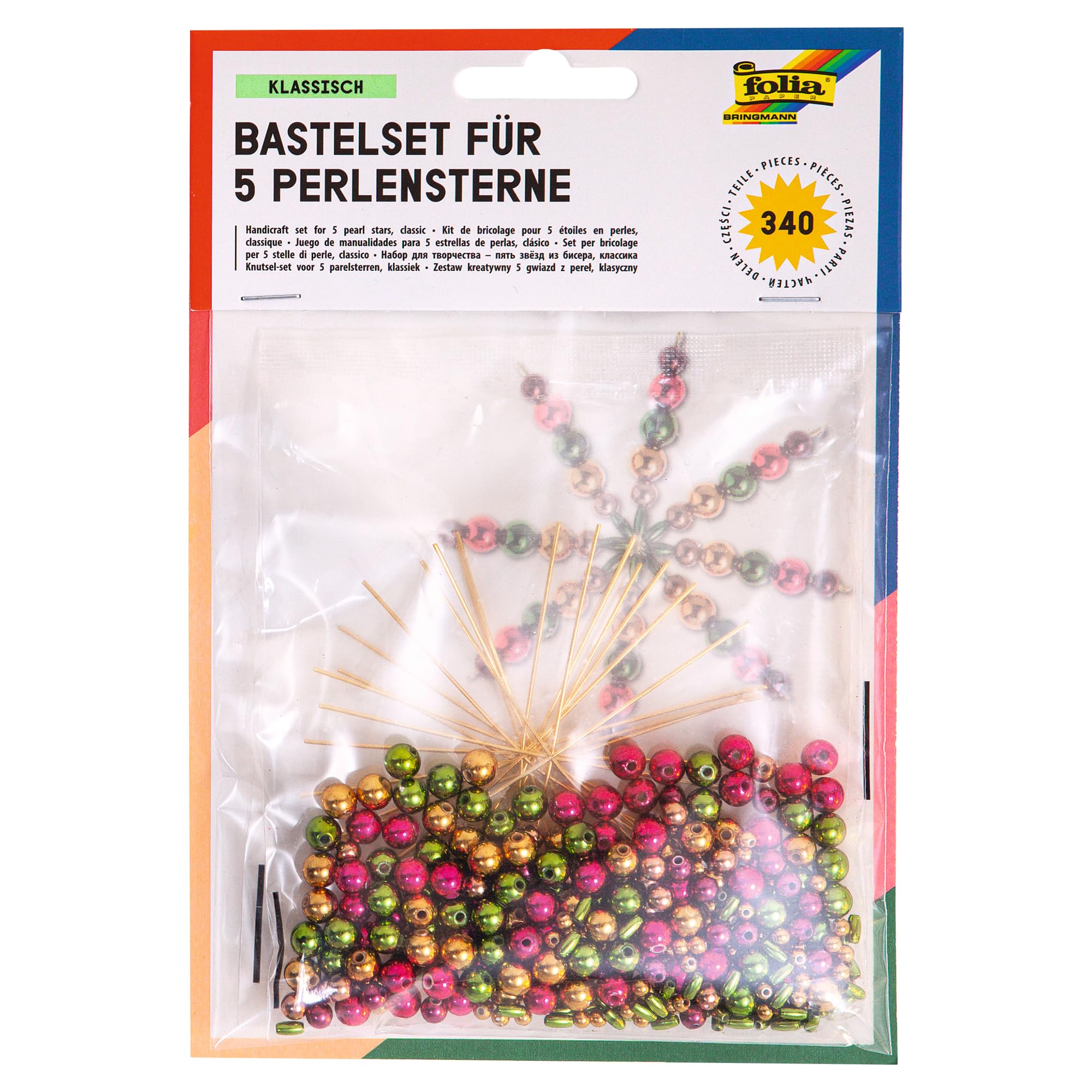 folia 12540 Craft Set for 5 Pearl Stars Classic, Red/Gold/Green, 340 Pieces – Ideal as a Homemade Decoration for Christmas