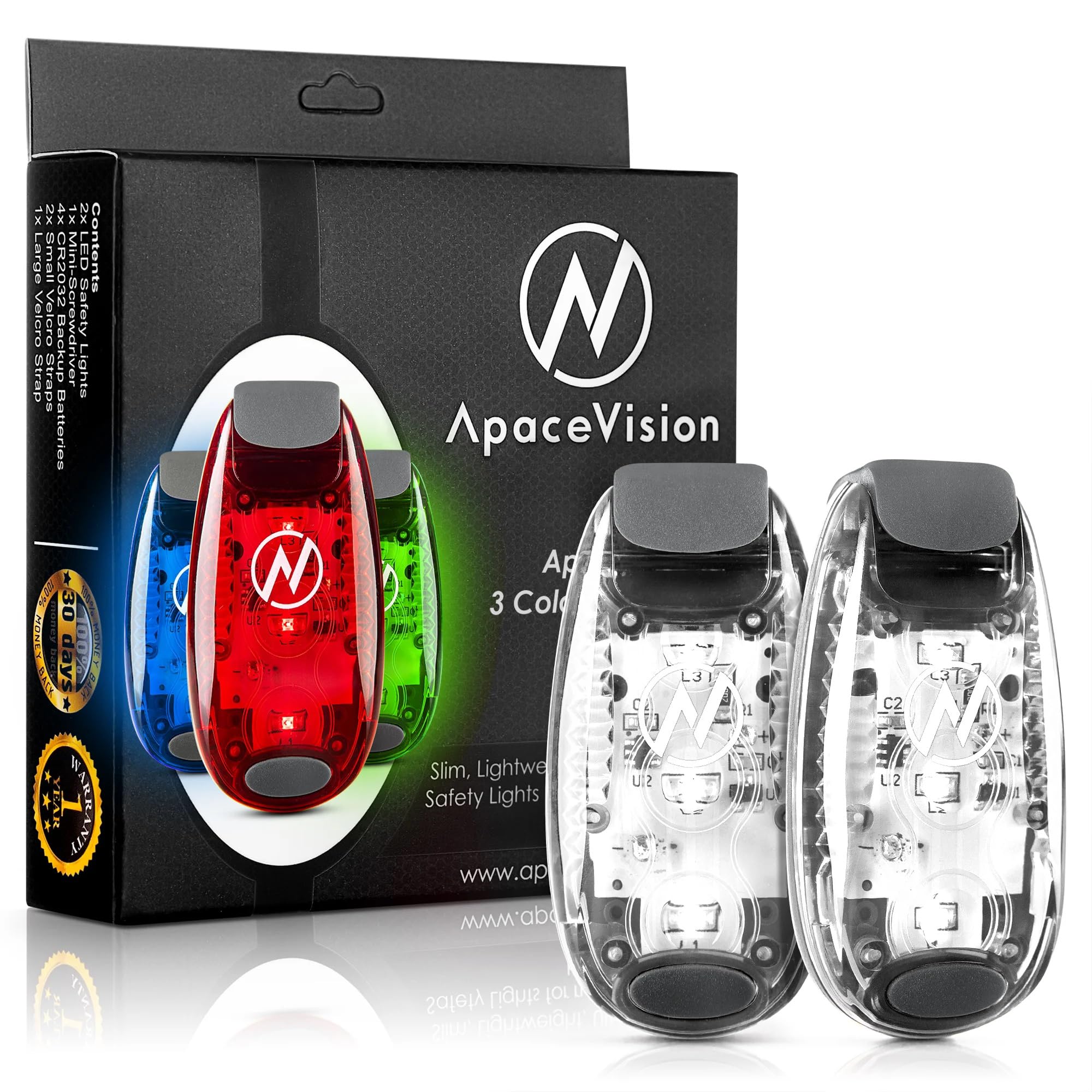 Apace Vision LED Safety Light (2 Pack) with Bonus Items – Clip On Strobe/Running Lights for Runners, Dogs, Bikes, Walking and More