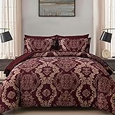 WONGS BEDDING Burgundy Comforter Set Queen Size, Maroon Damask Texture 7 Pieces Bed in a Bag Microfiber Comforter Bedding Sets -1 Comforter, 1 Flat Sheet, 1 Fitted Sheet, 2 Pillow Shams, 2 Pillowcases