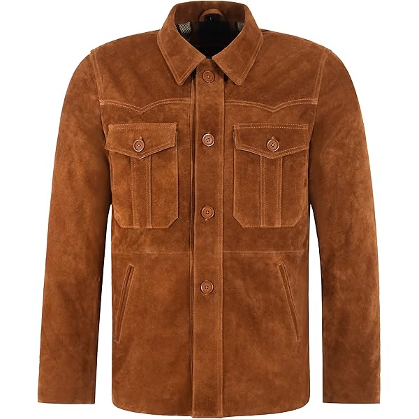 Men's Classic Collar Cow Suede Leather Box Button Fashion Coat
