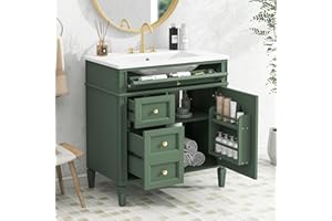 Linique 30" Bathroom Vanity with Sink Combo Set, Solid Wood Frame Modern Bathroom Storage Cabinet with 2 Drawers and a Tip-Out Drawer, Soft Closing Cabinet Door with Organizer, Green